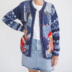 Vintage Casual Corner Blue Teddy Bear Holiday Cardigan Festive Grandmacore L